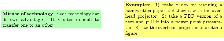 $\textstyle \parbox{16cm}{
\fcolorbox{green1}{green1}{\parbox{7cm}{
{\bf Misuse...
...er point presentation
3) use the overhead projector to sketch a figure.
}}
}$