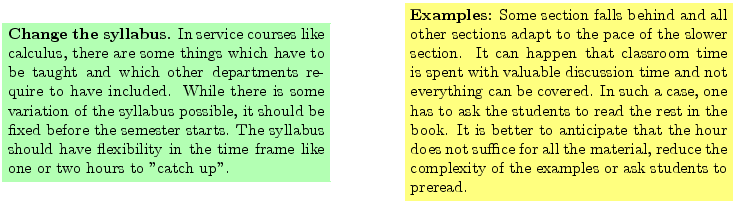 $\textstyle \parbox{16cm}{
\fcolorbox{green1}{green1}{\parbox{7cm}{
{\bf Change...
...erial, reduce the complexity of the examples
or ask students to preread.
}}
}$