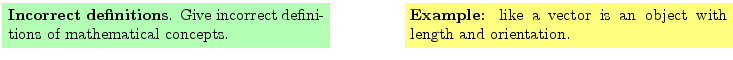 $\textstyle \parbox{16cm}{
\fcolorbox{green1}{green1}{\parbox{7cm}{
{\bf Incorr...
...
{\bf Example:} like a vector is an object
with length and orientation.
}}
}$