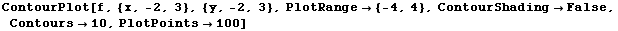 ContourPlot[f, {x, -2, 3}, {y, -2, 3}, PlotRange {-4, 4}, ContourShadingFalse, Contours10, PlotPoints100]