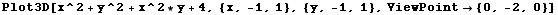 Plot3D[x^2 + y^2 + x^2 * y + 4, {x, -1, 1}, {y, -1, 1}, ViewPoint {0, -2, 0}]