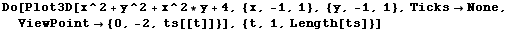 Do[Plot3D[x^2 + y^2 + x^2 * y + 4, {x, -1, 1}, {y, -1, 1}, TicksNone, ViewPoint {0, -2, ts[[t]]}], {t, 1, Length[ts]}]