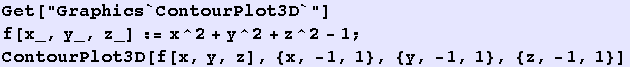 Get["Graphics`ContourPlot3D`"] f[x_, y_, z_] := x^2 + y^2 + z^2 - 1 ; ContourPlot3D[f[x, y, z], {x, -1, 1}, {y, -1, 1}, {z, -1, 1}] 