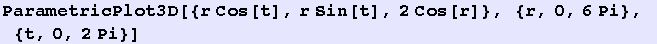 ParametricPlot3D[{r Cos[t], r Sin[t], 2Cos[r]}, {r, 0, 6Pi}, {t, 0, 2Pi}]