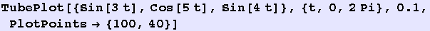 RowBox[{TubePlot, [, RowBox[{{Sin[3 t], Cos[5 t], Sin[4 t]}, ,, {t, 0, 2Pi}, ,, 0.1, ,, PlotPoints {100, 40}}], ]}]