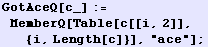 GotAceQ[c_] := MemberQ[Table[c[[i, 2]], {i, Length[c]}], "ace"] ;